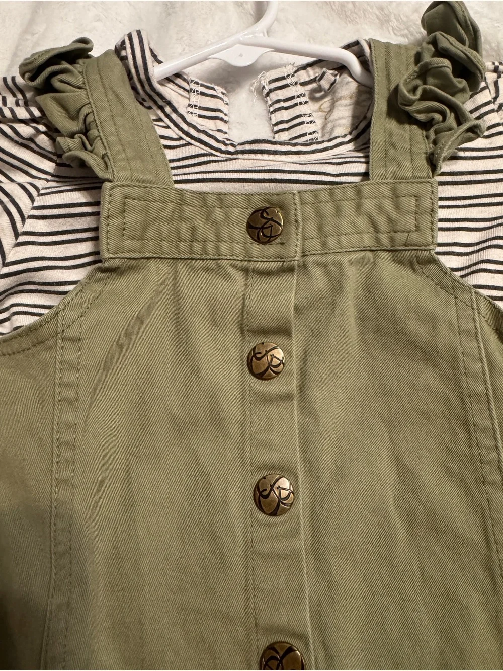 Girls Olive Green Button-Front Pinafore Dress